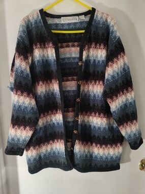Vintage Crysantheme Blue, Pink & Navy Striped Knit Button-Front Women's Cardigan